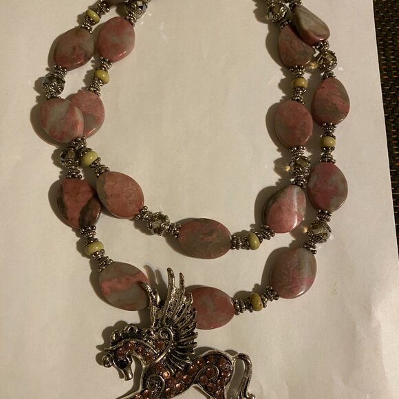 Western Necklace - Chunky Pink w/rhinestone Pegasus horse pendant w/wings. Wow - Picture 3 of 9